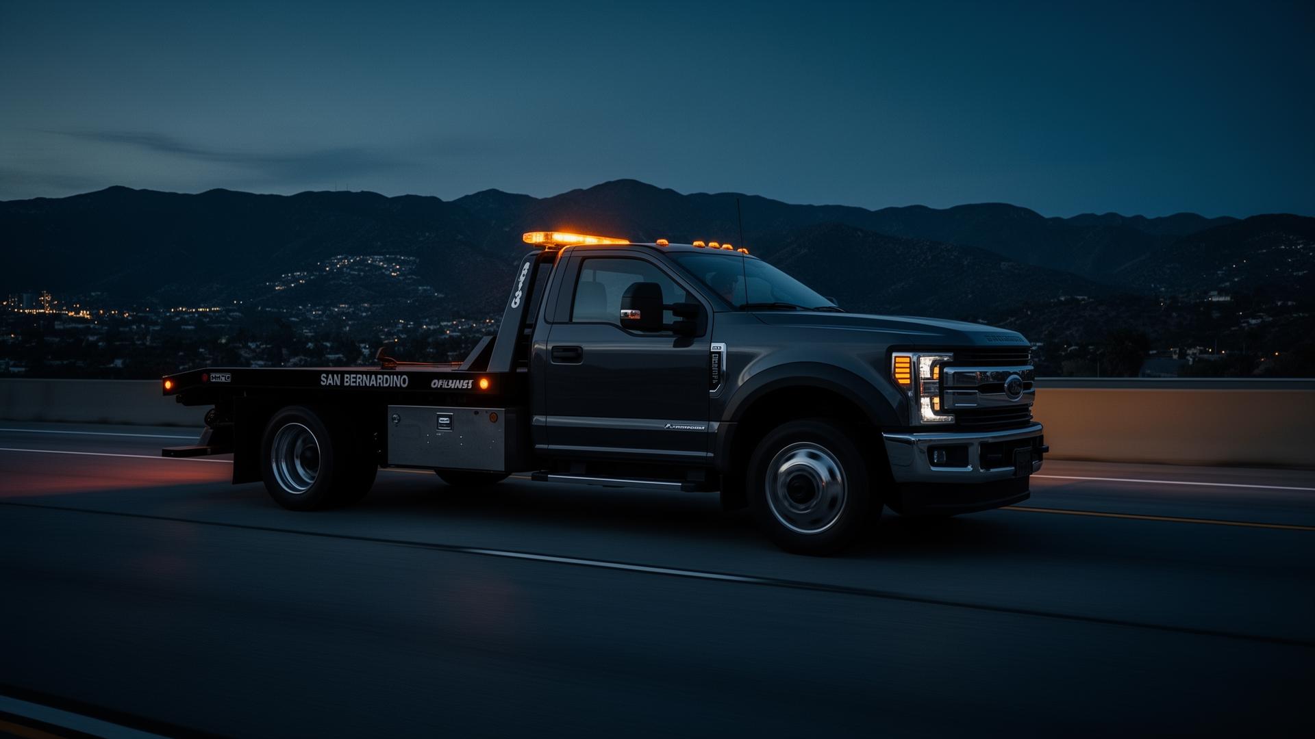 Delta Towing flatbed tow truck on a San Bernardino highway at dusk